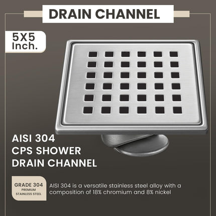 Sliver-Matt  Square Floor Drainer with Cockroach Trap (5X5 Inches)