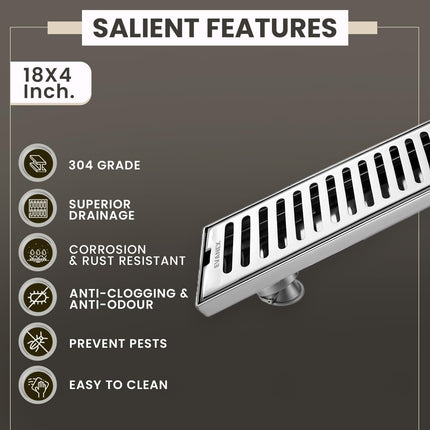 Sliver-Matt Shower Water Drain Channel with Cockroach Trap (18X4 Inches)