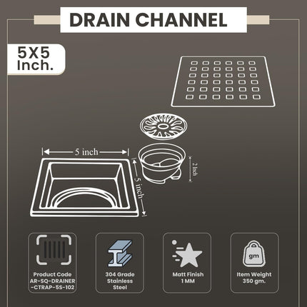 Sliver-Matt  Square Floor Drainer with Cockroach Trap (5X5 Inches)