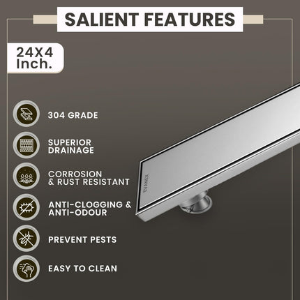 Sliver-Matt Tile Insert Shower Water Drain Channel with Cockroach Trap (24X4 Inches)