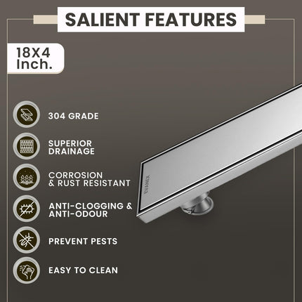 Sliver-Matt Tile Insert Shower Water Drain Channel with Cockroach Trap (18X4 Inches)