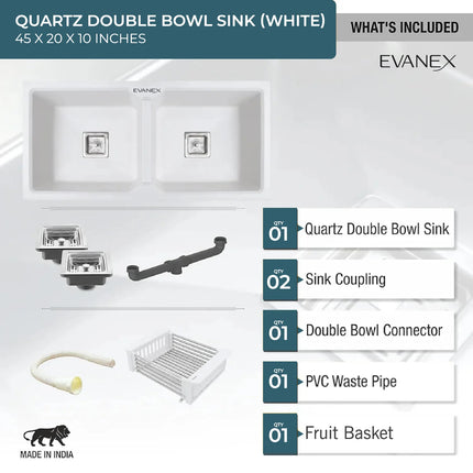 Quartz Double Bowl Kitchen Sink (45x20x 10Inches) ( White)