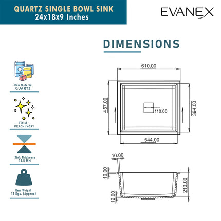 Quartz Single Bowl Kitchen Sink (24 x 18 x 9 Inches) ( White)
