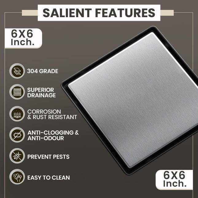 Sliver-Matt  Square Tile Insert Floor Drainer with Cockroach Trap (6X6 Inches)