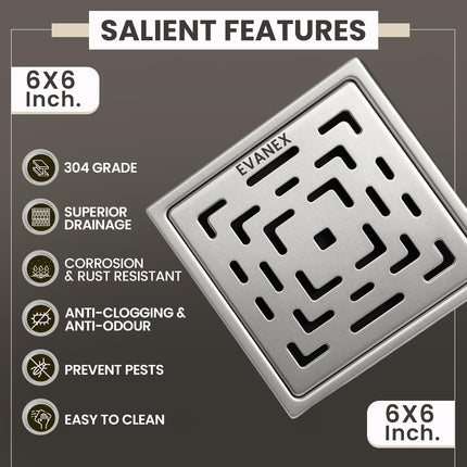 Sliver-Matt  Square Floor Drainer with Cockroach Trap (6X6 Inches)