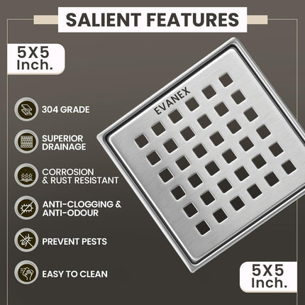 Sliver-Matt  Square Floor Drainer with Cockroach Trap (5X5 Inches)