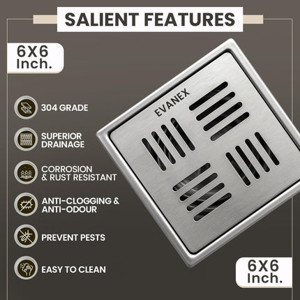 Sliver-Matt  Square Floor Drainer with Cockroach Trap (6X6 Inches)