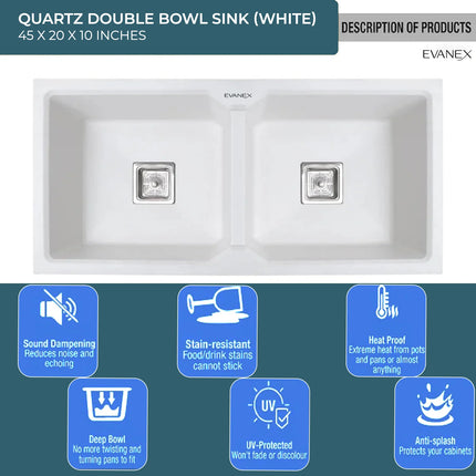 Quartz Double Bowl Kitchen Sink (45x20x 10Inches) ( White)
