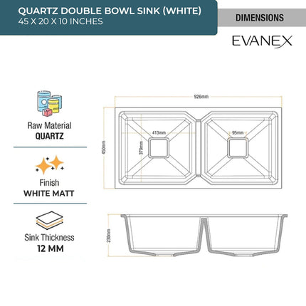 Quartz Double Bowl Kitchen Sink (45x20x 10Inches) ( White)