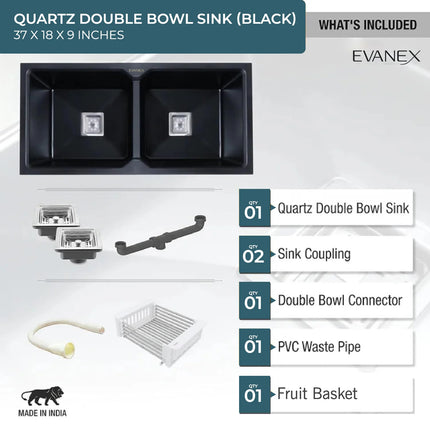 Quartz Double Bowl Kitchen Sink (37 x 18 x 9 Inches) ( Black)
