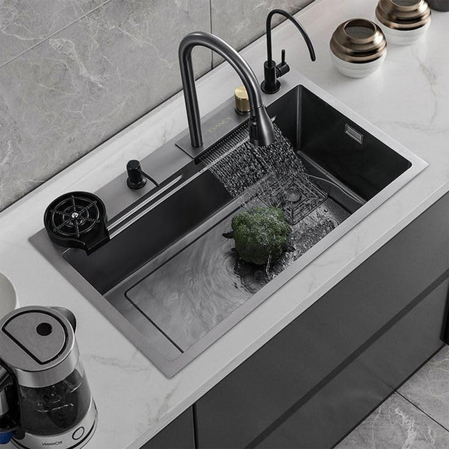 Waterfall Smart Kitchen Sink (24 x 18 x 9 Inches) | Heavy Stainless Steel Sink