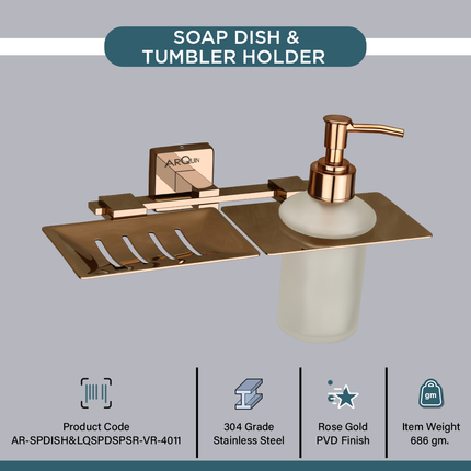 Evanex Stainless Steel Rose Gold Soap Dish & Liquid Soap Dispenser for Bathroom (25.5X15X15.5 CM)