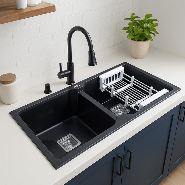 Quartz Double Bowl Kitchen Sink (45 x20 x 10 Inches) ( Black)